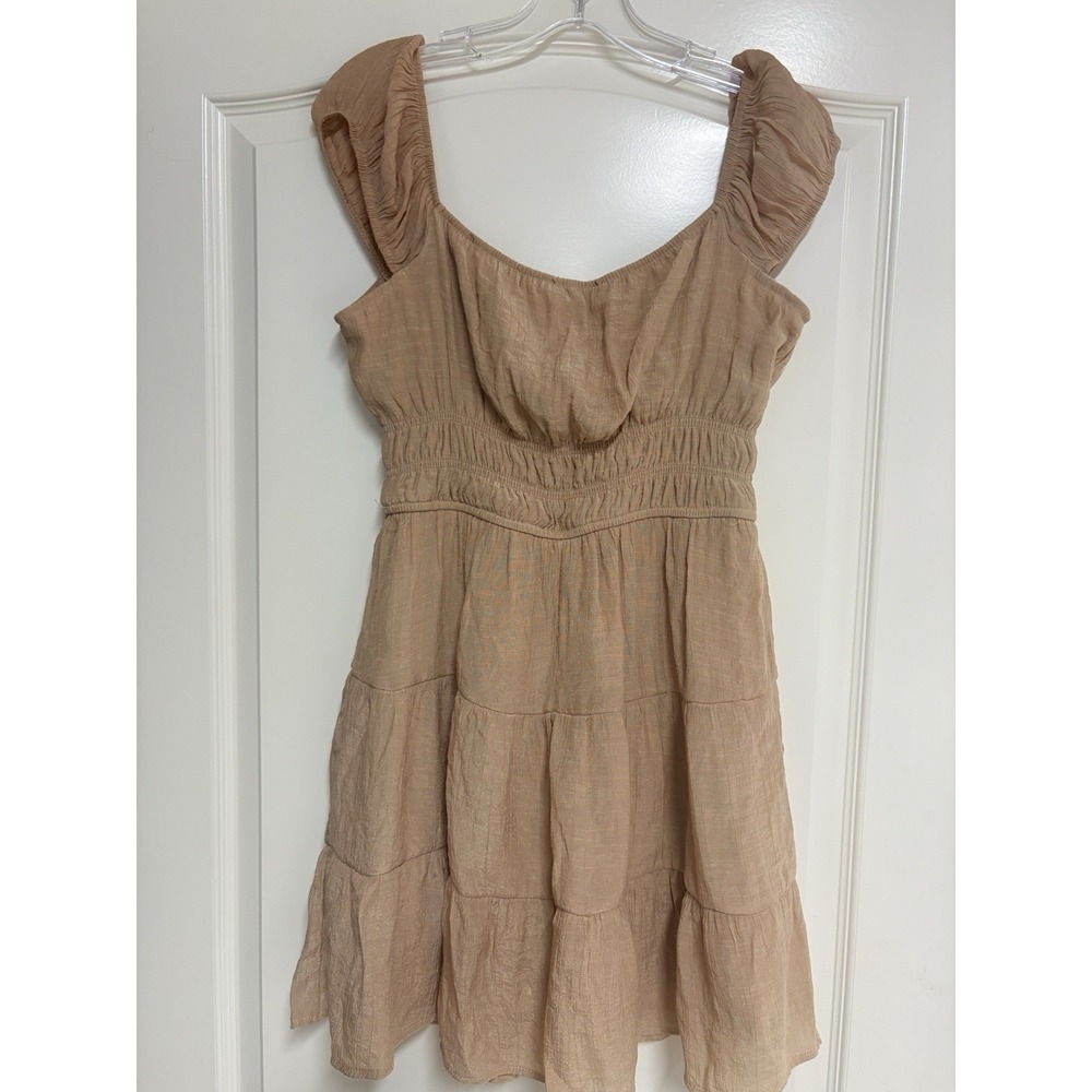 Trixxi Mini Dress Sz L Tan Ruffled Tiers Short Sleeve Flirty Coquette Y2k Party - Picture 3 of 14